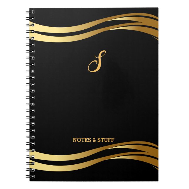 Caderno Espiral Script de estilo preto e Dourado de tendências mon (Frente)