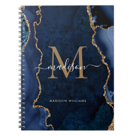 Caderno Espiral Script de Monograma de Geodo de Agate Dourado Azul