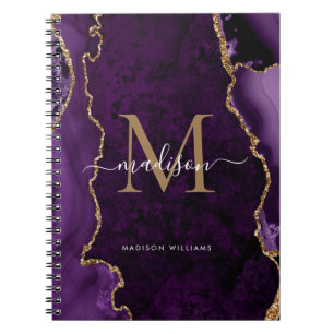 Caderno Espiral Script de Monograma de Geodo Dourado Violeta Roxo