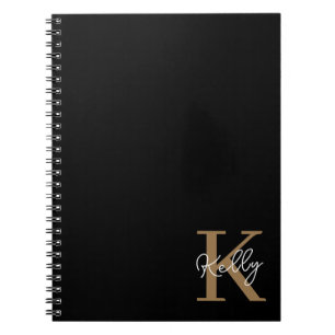 Caderno Espiral Script de Monograma Dourado Preto Moderno