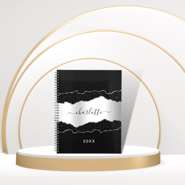 Caderno Espiral Script de nome da oscilação do mármore preto-prata (Criador carregado)