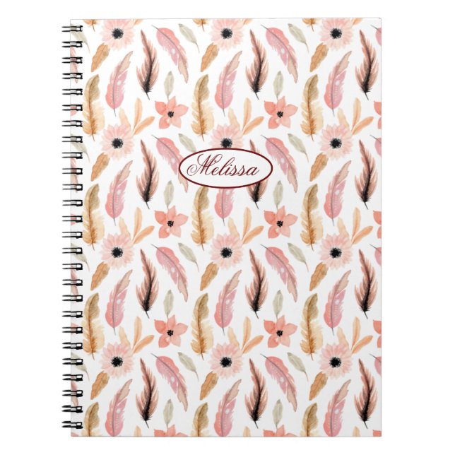 Caderno Espiral Script de Nome de Padrão de Aquarela Floral Girly  (Frente)