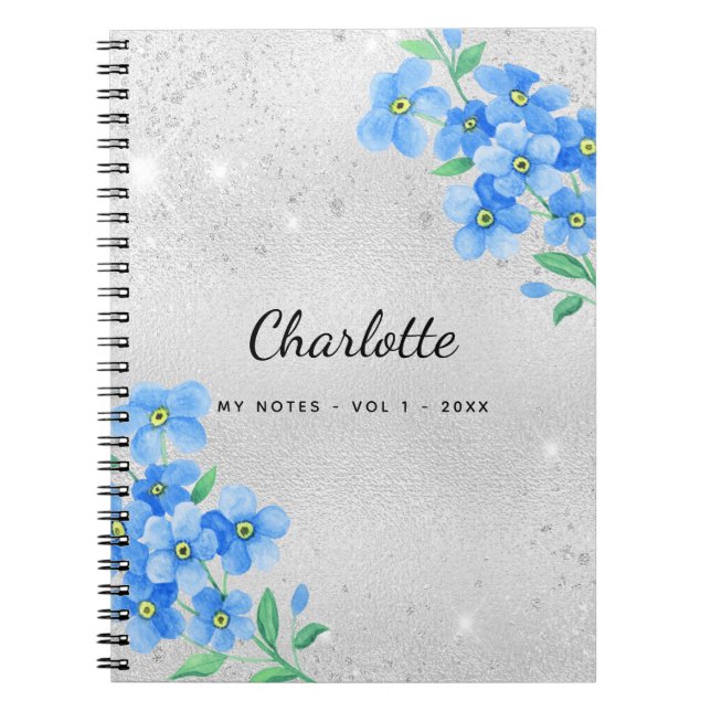 Caderno Espiral Script de nome floral azul de prata (Frente)