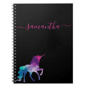 Caderno Espiral script de nome roxo preto Unicorn