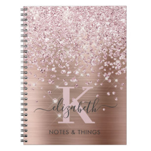 Caderno Espiral Script Diamond Glitter Dourado Glam Rosa Monograma