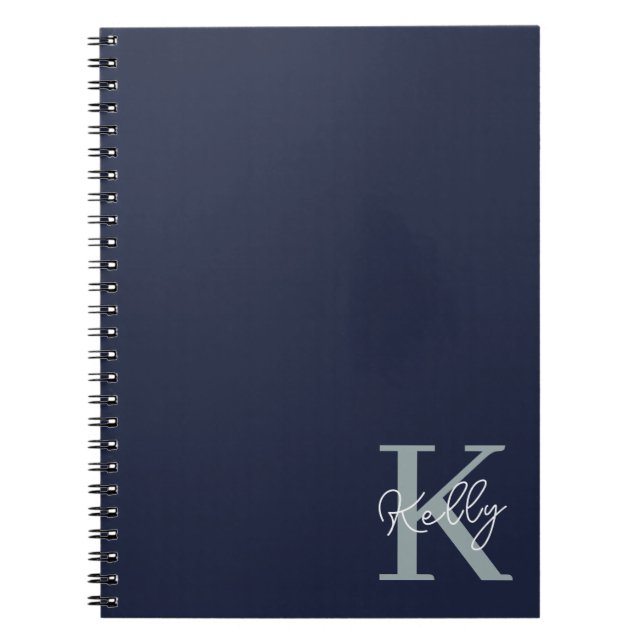 Caderno Espiral Script do Monograma Azul do Marinho Moderno (Frente)