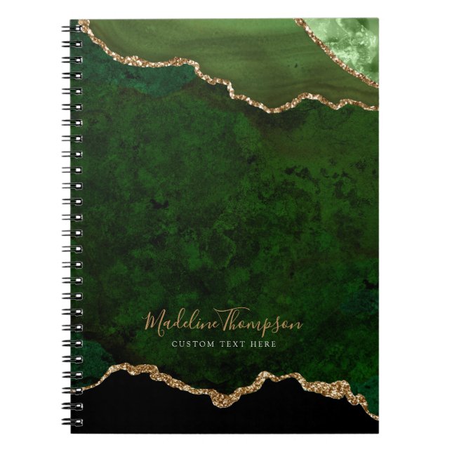 Caderno Espiral Script Dourado de Geode Agate do Glam Green Velvet (Frente)