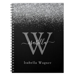 Caderno Espiral Script Elegante De Glitter Preto De fígado Monogra