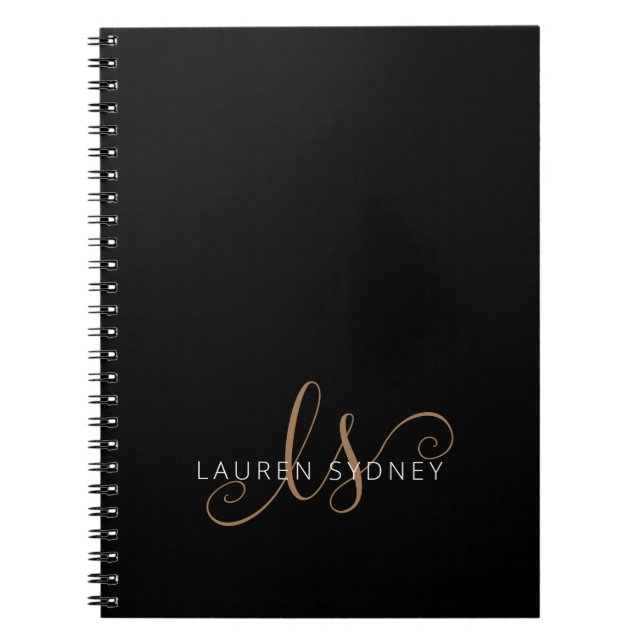 Caderno Espiral Script Feminino Dourado Preto Moderno Monograma (Frente)