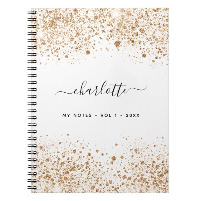 Caderno Espiral Script glamouroso de nome de brilho dourado branco (Frente)