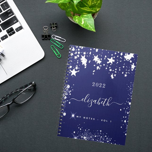 Caderno Espiral script monograma de estrelas brancas azuis marinho (Criador carregado)