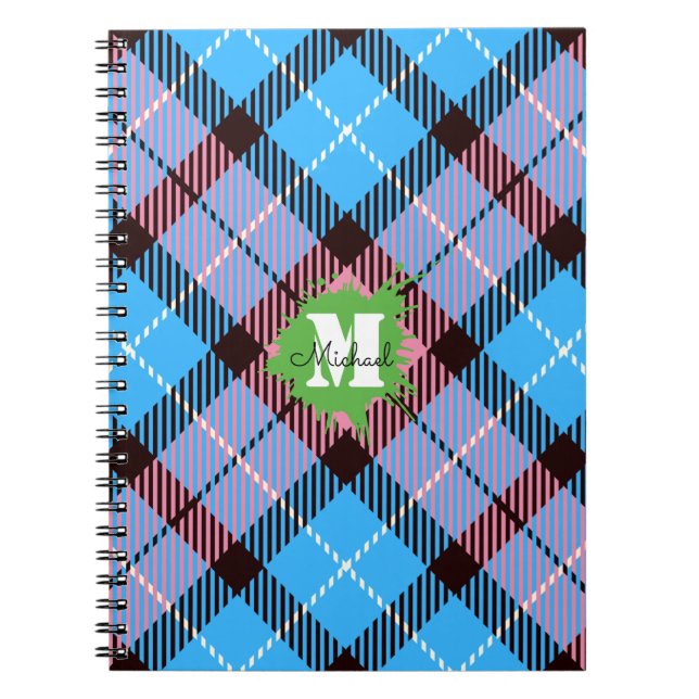 Caderno Espiral Script Monograma Personalizado de Tartan Azul-Rosa (Frente)