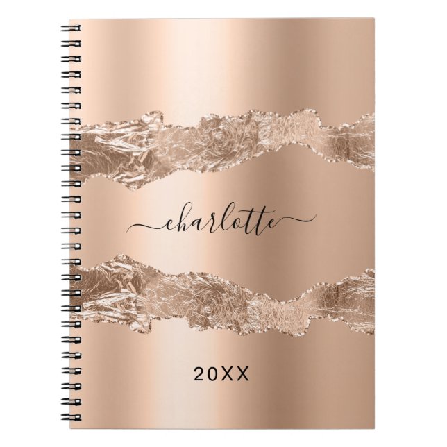 Caderno Espiral script rosa gold agate marble name (Frente)