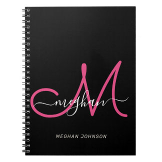 Caderno Espiral Script Rosa Quente Preto Quente Moderno Monograma