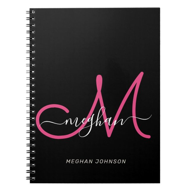 Caderno Espiral Script Rosa Quente Preto Quente Moderno Monograma (Frente)