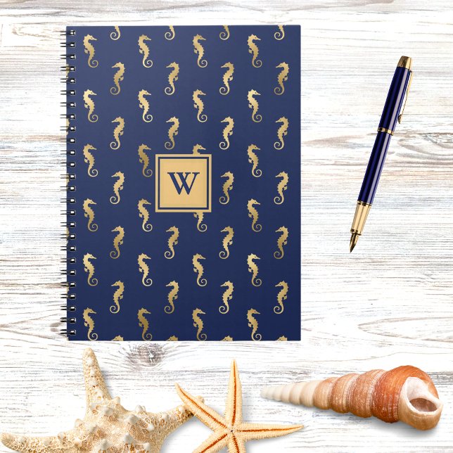 Caderno Espiral Seahorses in Elegant Navy n Gold Monogram Initial (Criador carregado)