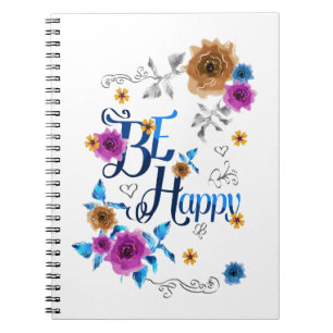 Caderno Espiral Seja feliz, com uma citação positiva, Flores Dou