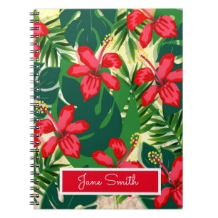 Caderno Espiral Selva colorida tropical hibiscus vermelha e verde