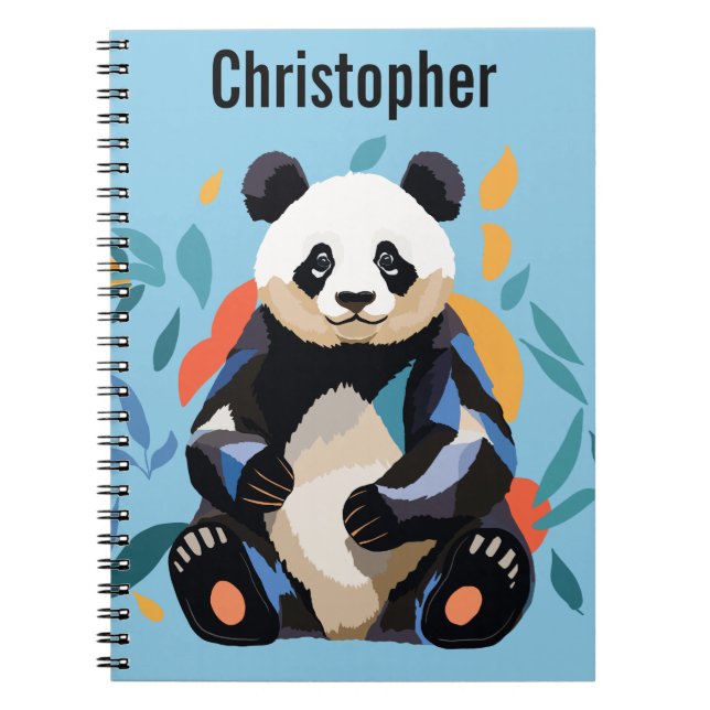 Caderno Espiral Sentado Colorido Urso de Panda Nome Personalizado  (Frente)