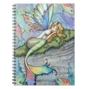 Caderno Espiral Sereia Colorida e Peixe Carpa Arte Fantasia