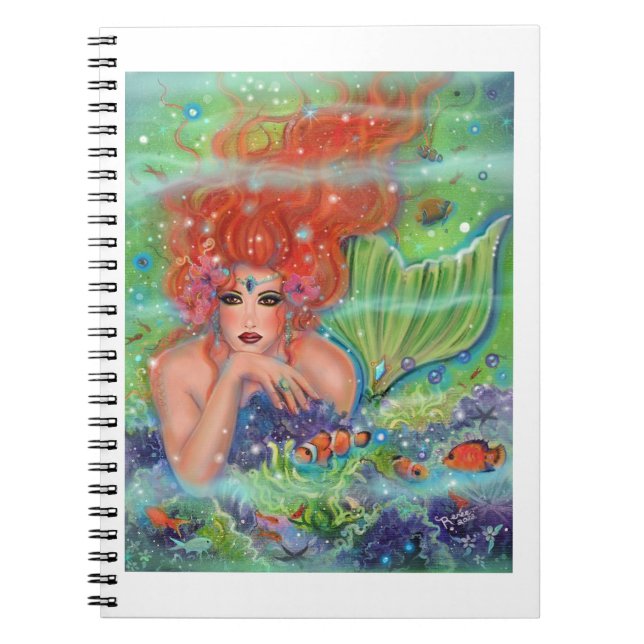 Caderno Espiral Sereia com arte de peixes tropicais por Renee Lavo (Frente)