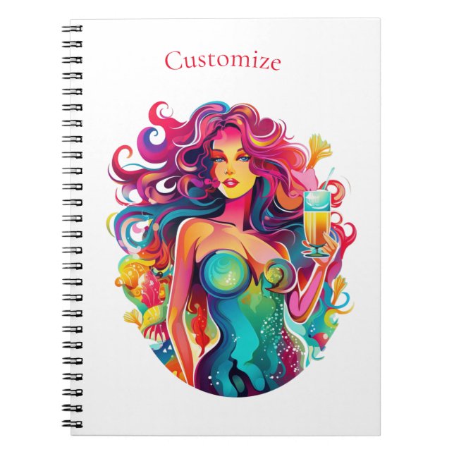 Caderno Espiral Sereia de cabelo arco-íris com coquetel (Frente)
