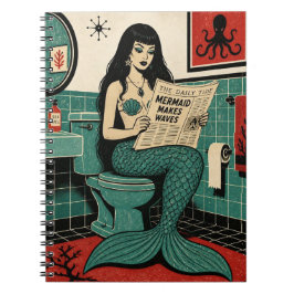 Caderno Espiral Sereia dos Meados do Século no Banheiro Lendo Jorn