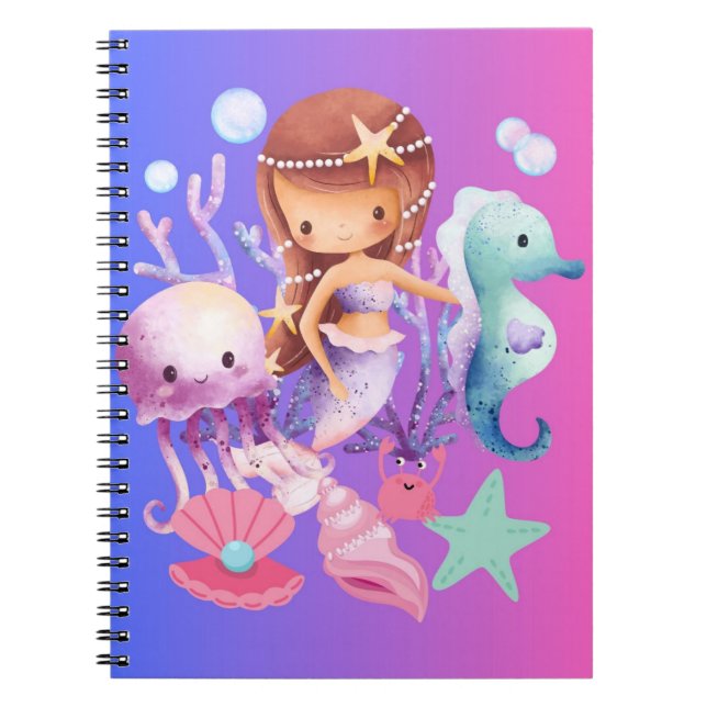 Caderno Espiral Sereia Mágica Fofa Roxa (Frente)