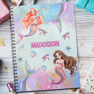 Caderno Espiral Sereias Brilho Rosa Roxo Adicionar Nome