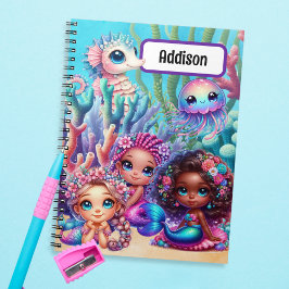 Caderno Espiral Sereias e Pastel da Vida Marinha na Escola