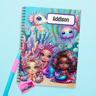 Caderno Espiral Sereias e Pastel da Vida Marinha na Escola