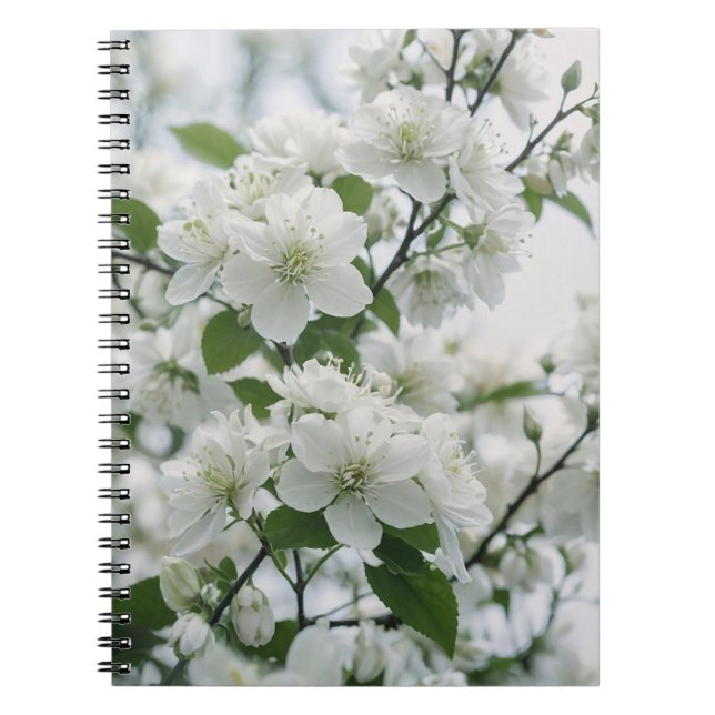 Caderno Espiral Serene Blossom: Um Bough of White Cherry Flowers (Frente)