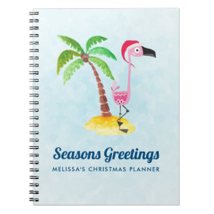 Caderno Espiral Sessões saudações Flamingo Rosa Rosa em Santa Hat
