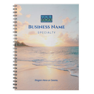 Caderno Espiral Seu Logotipo, Nome da Empresa, Pôr do Sol na Praia