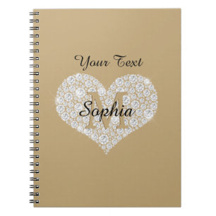 Caderno Espiral Seu Texto, Coração de Diamante, Monograma de Ouro,