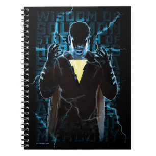 Caderno Espiral SHAZAM! Tipografia dos raios Shazam e Abilidades