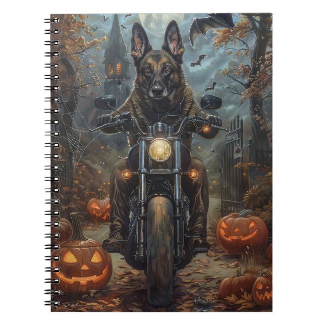 Caderno Espiral Shepherd Belga Dirigindo Motocicleta Halloween Asc (Frente)