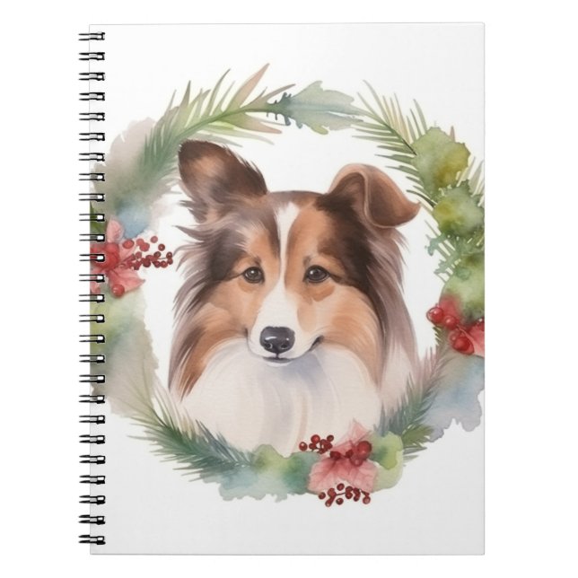 Caderno Espiral Shetland Sheepdog Wreath Festivo Pup (Frente)
