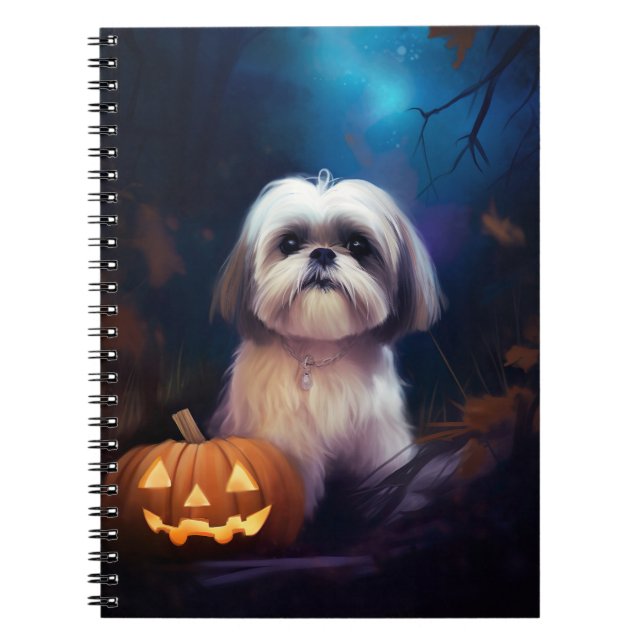 Caderno Espiral Shih Tzu de Halloween com Abóboras Assustadoras (Frente)