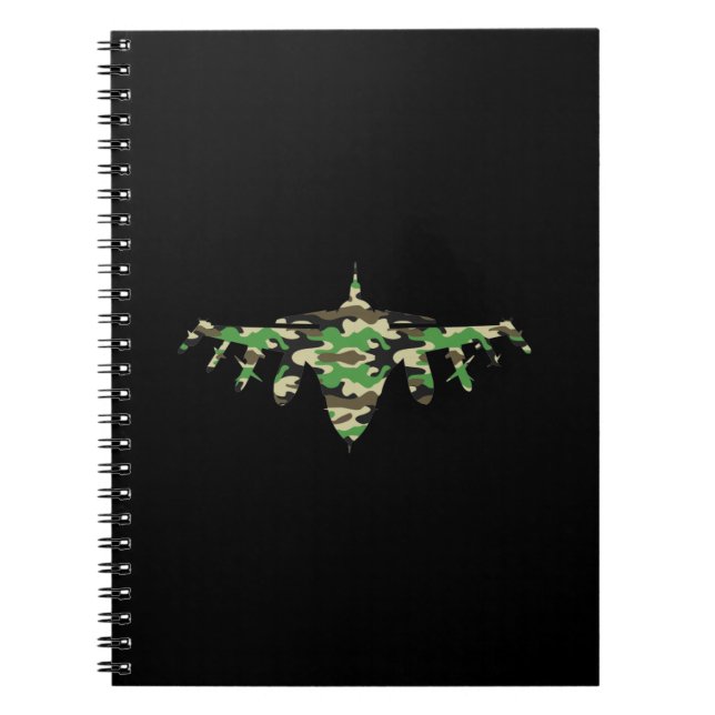 Caderno Espiral Silhouett, avião militar de combate à camuflagem d (Frente)