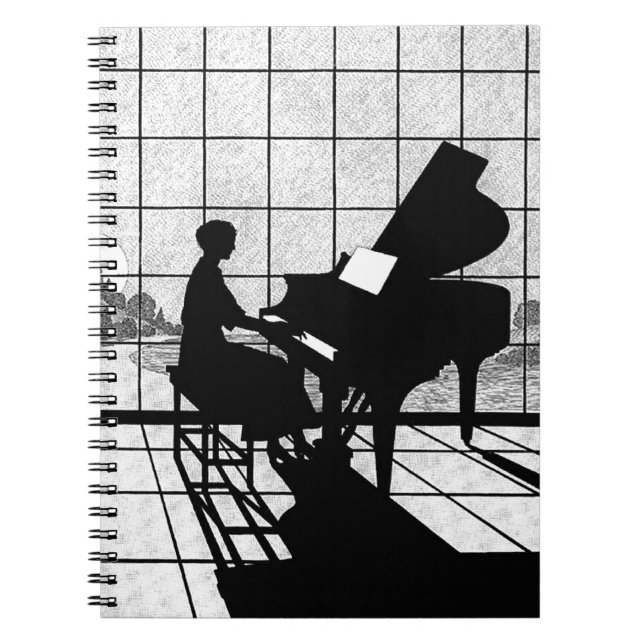 Caderno Espiral Silhueta de Piano Estilo Art Déco | Preto e Branco (Frente)