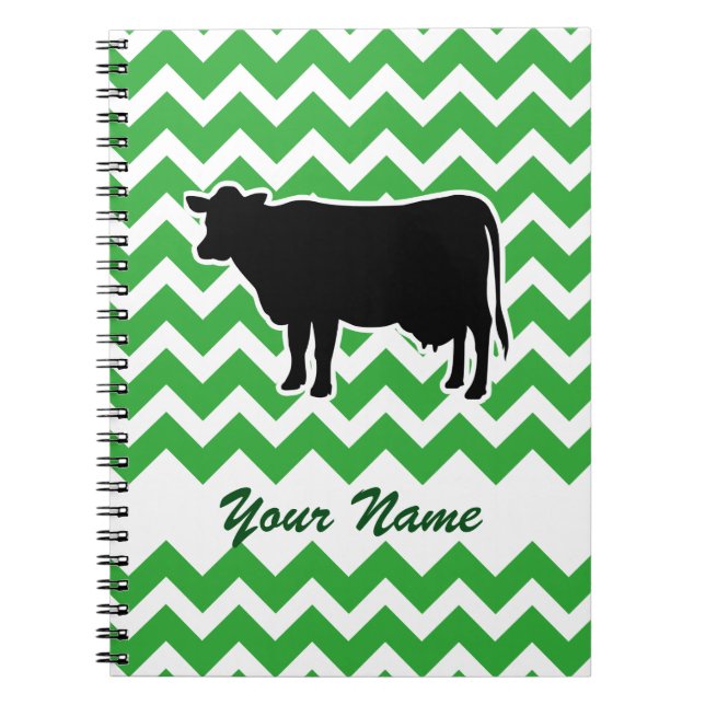 Caderno Espiral Silhueta de Vaca com Padrão de Chevron Verde (Frente)