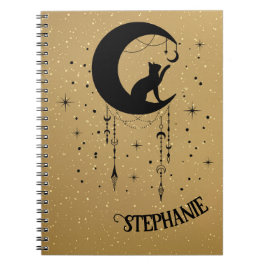 Caderno Espiral Silhueta Gato Negra Brincando Na Lua Decorada