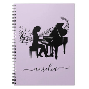 Caderno Espiral Silhueta Personalizada de Pianista Menina Notas Mu