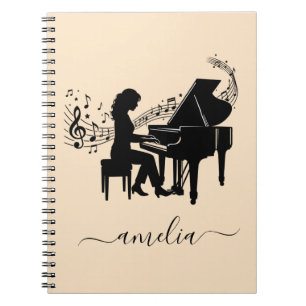 Caderno Espiral Silhueta Personalizada de Pianista Menina Notas Mu
