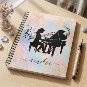 Caderno Espiral Silhueta Personalizada de Pianista Menina Notas Mu