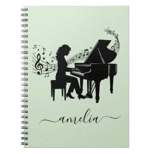 Caderno Espiral Silhueta Personalizada de Pianista Menina Notas Mu