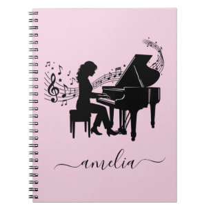 Caderno Espiral Silhueta Personalizada de Pianista Menina Notas Mu