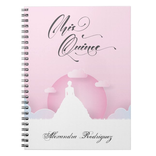 Caderno Espiral Silhueta Rosa e Branca com Lua Quinceanera (Frente)