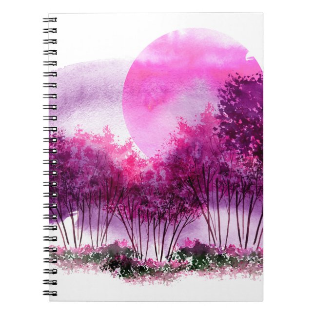 Caderno Espiral silhueta roxa, rosa, de árvores contra o fundo (Frente)